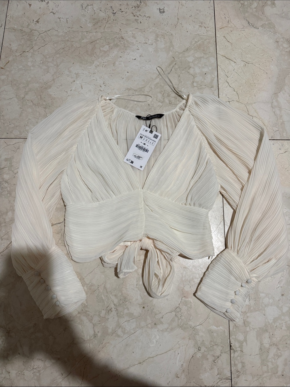 Zara Cream Pleated Tie-Front Cropped Blouse